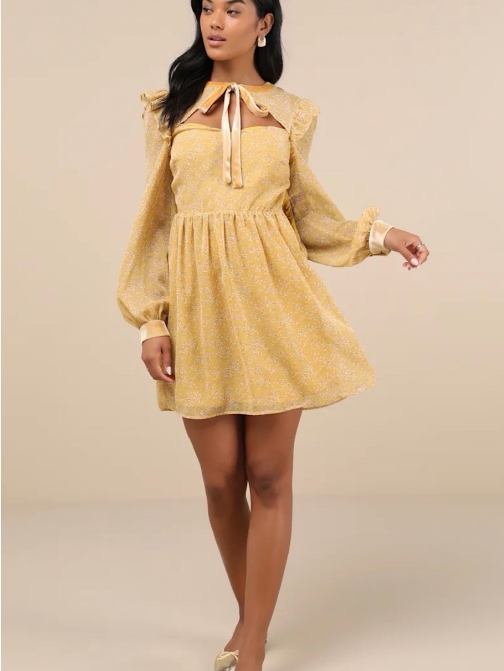 Lulu's Mustard Floral Long-Sleeve Ruffle Tie-Back Dress